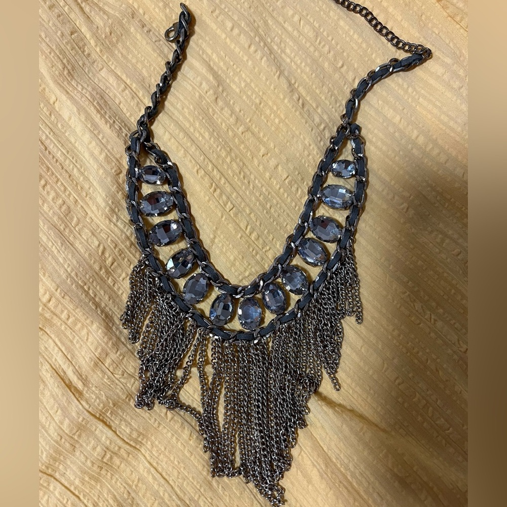 Vintage olive green suede & chain gemstone bib statement necklace